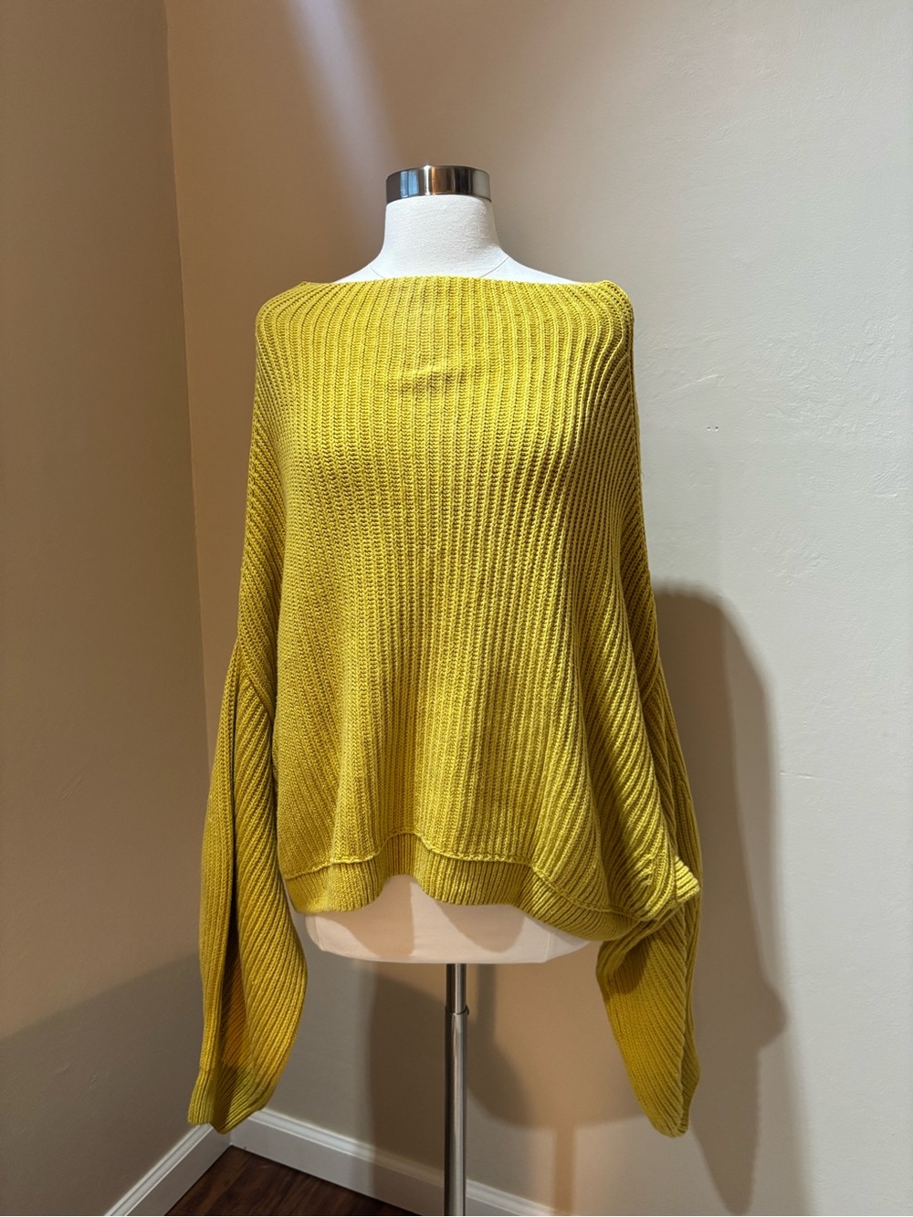 Free People Mustard Yellow Ribbed Boatneck Oversized Sweater